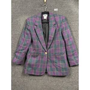 Vintage Lucia Blazer Womens 10 Purple Teal Plaid Wool Blend Made USA 80s